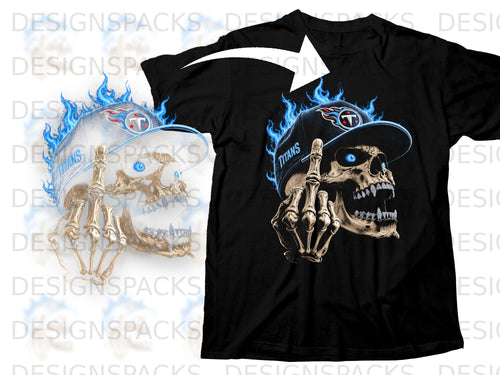 Black t-shirt with a skull wearing a Titans hat and surrounded by blue flames.