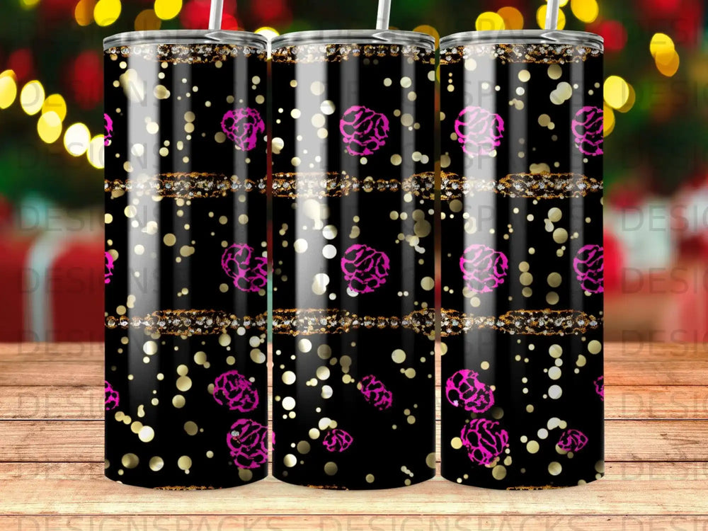 Black tumbler with pink heart pattern and gold glitter accents.