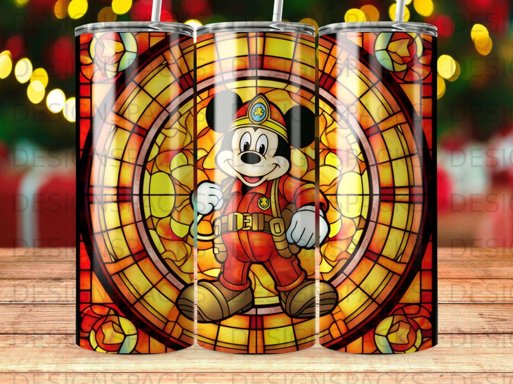 Mickey Mouse in firefighter uniform in stained glass design.