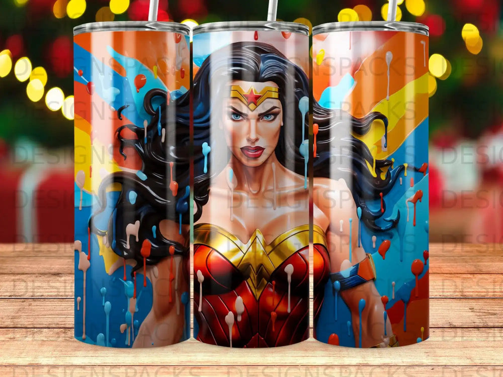 Wonder Woman in comic book style, surrounded by colorful drips.