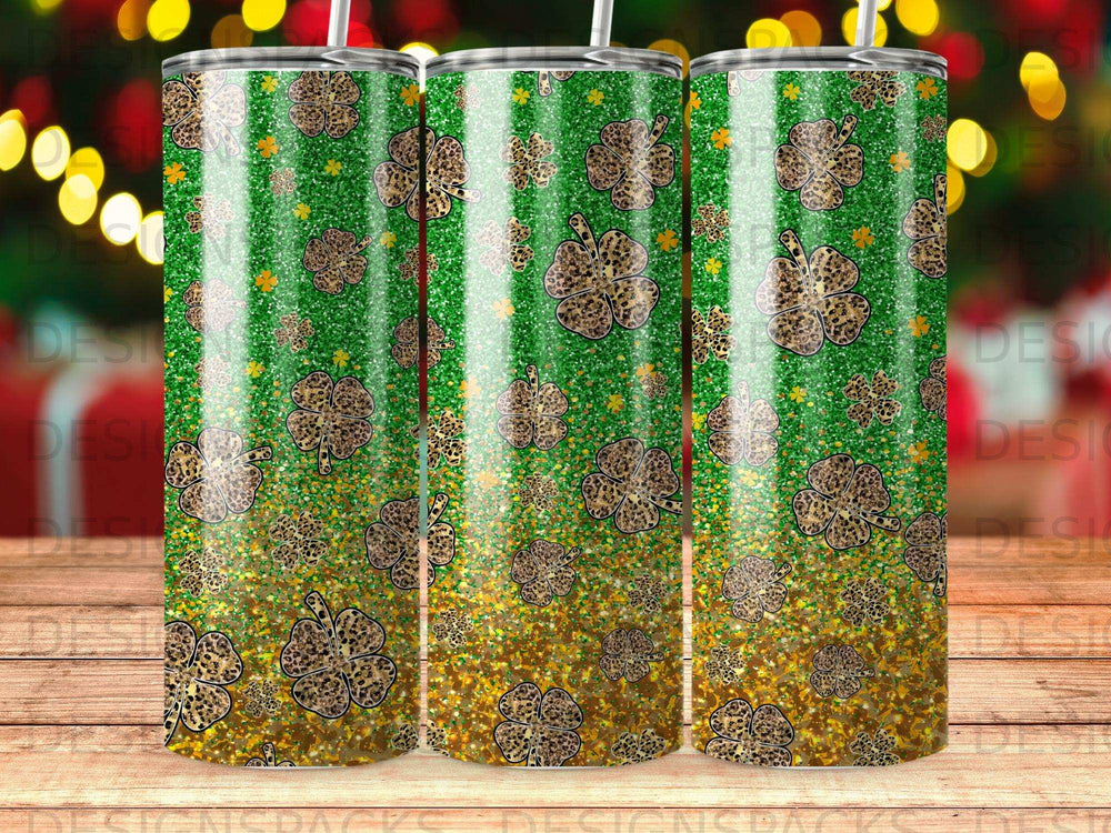 Green tumbler with leopard print shamrocks and gold glitter accents.