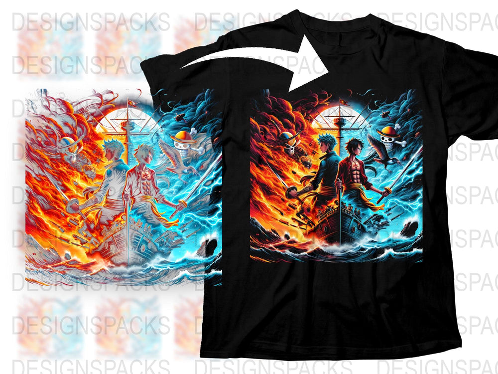 Anime Inspired Graphic T-Shirt, Colorful Fire and Water Battle Design, Unisex Manga Tee, Vibrant Print Top, Casual Streetwear
