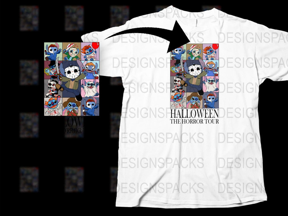 Halloween Horror Tour Graphic T-Shirt, Unisex White Tee with Cartoon Monsters, Spooky Season Apparel