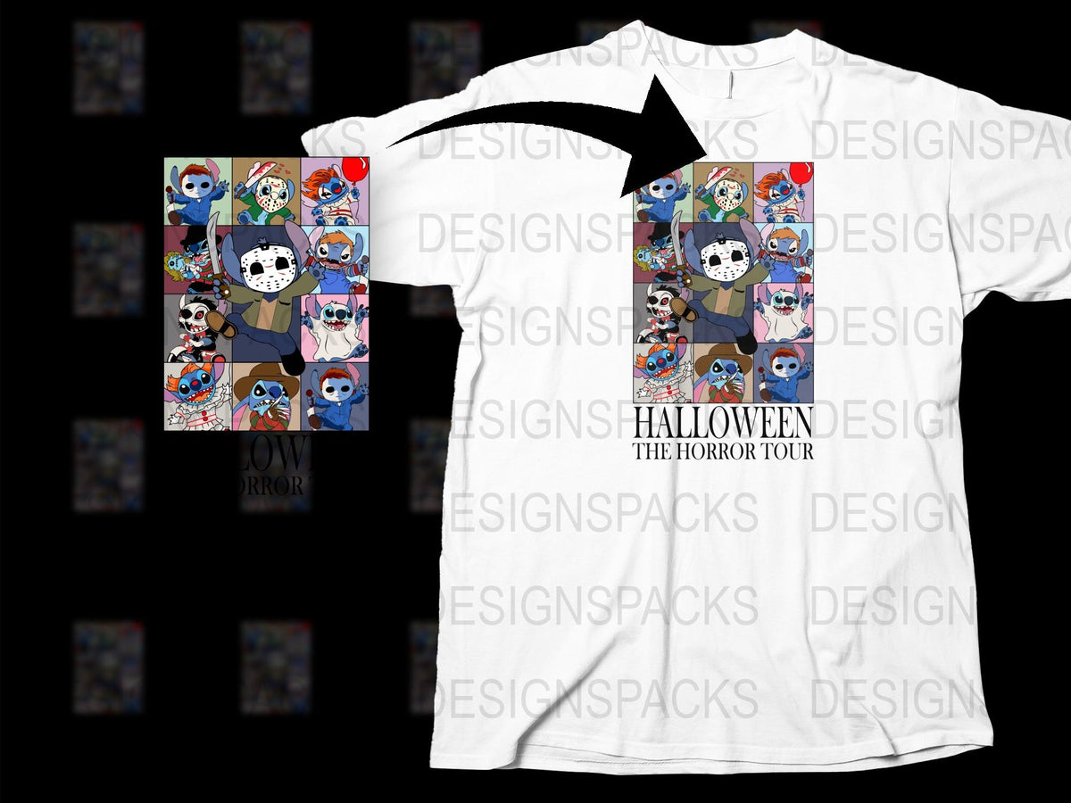 Halloween Horror Tour Graphic T-Shirt, Unisex White Tee with Cartoon Monsters, Spooky Season Apparel