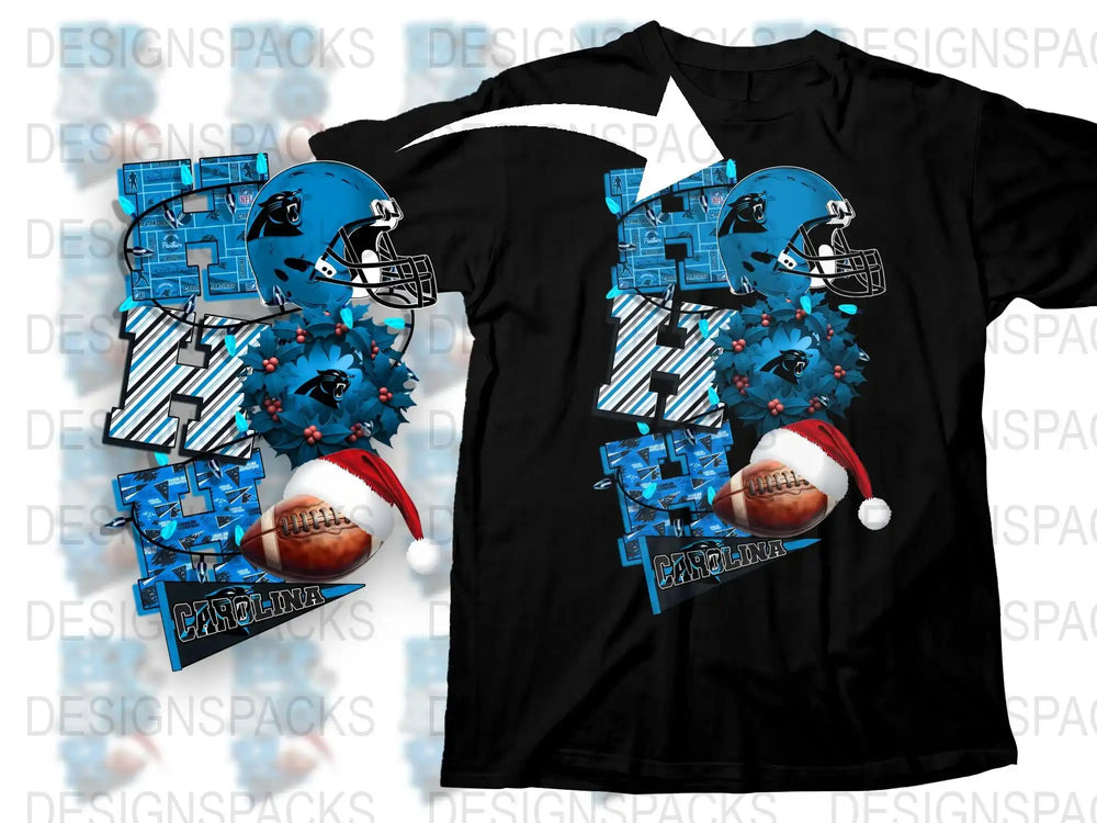 Blue Football Helmet Christmas Santa Hat Graphic T-Shirt, Festive Holiday Sports Apparel for Men