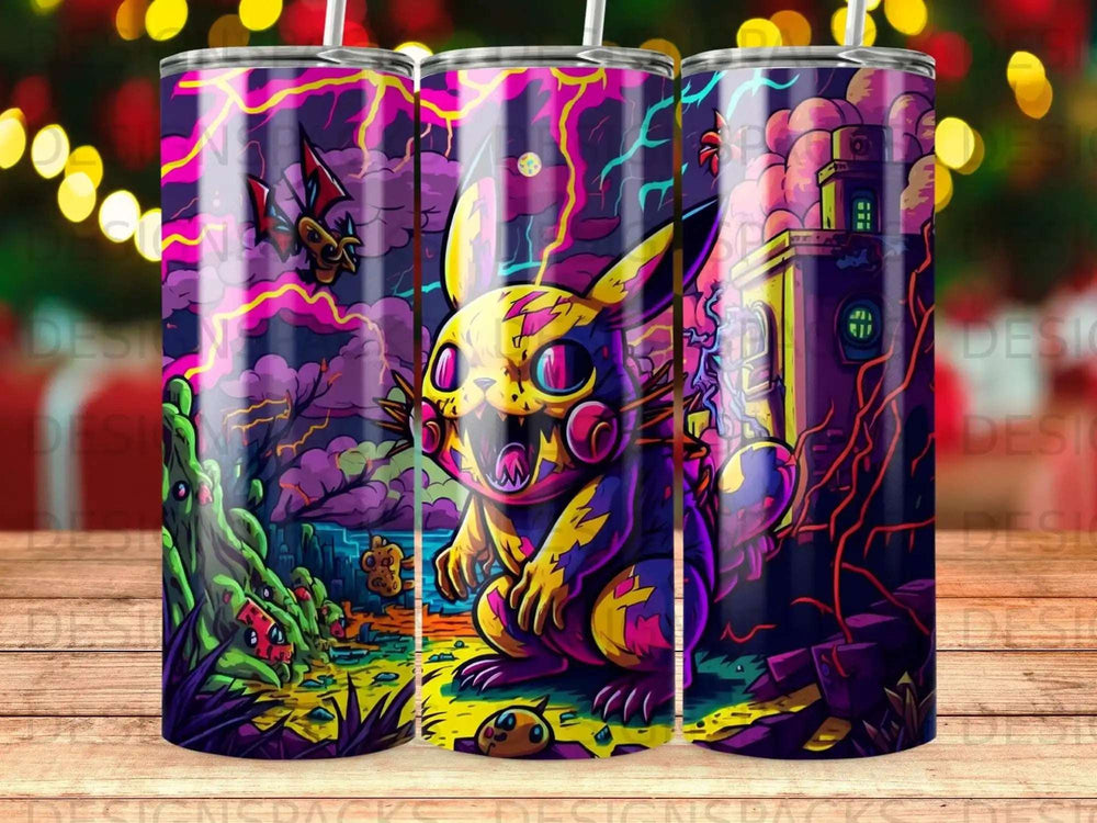 Vibrant Pikachu in psychedelic, electric landscape with spooky trees and castle.