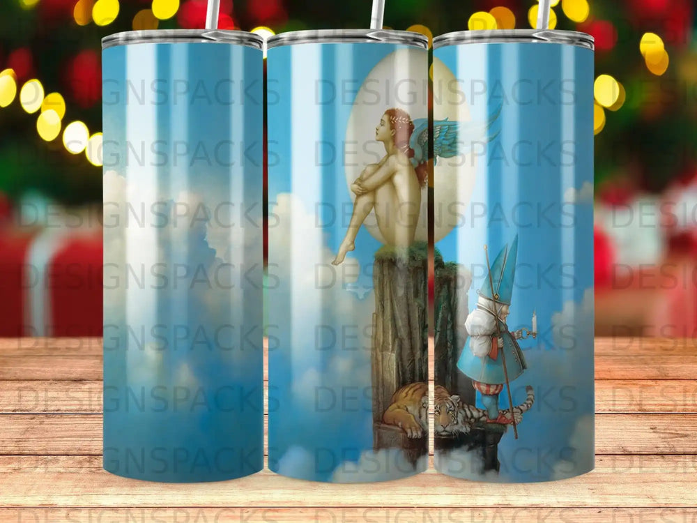 Fantasy scene with tiger, angel, and knight, repeating "DESIGNSPACKS" text.