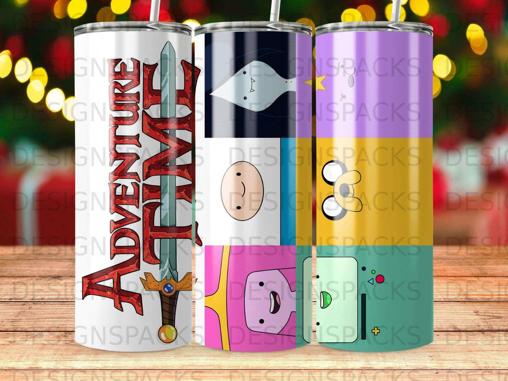 Adventure Time tumbler with character designs and logo.