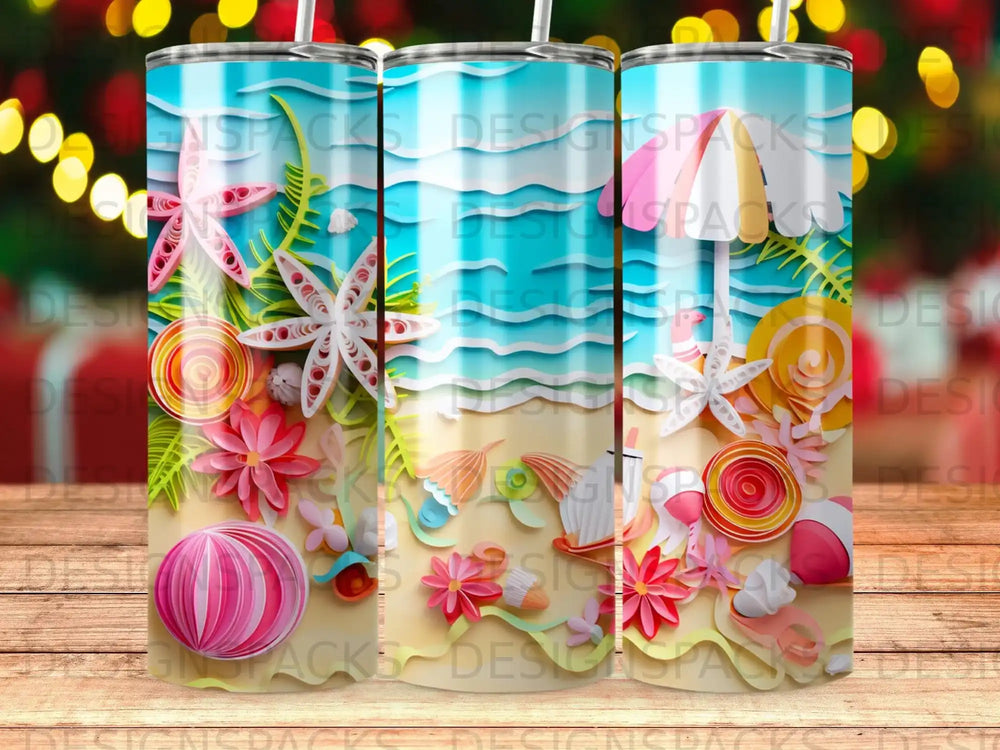 Beach scene with starfish, beach ball, and umbrella on a blue striped background.