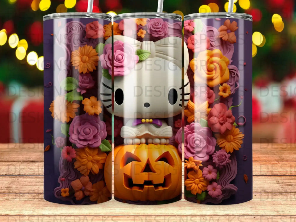 Hello Kitty sits on a pumpkin with floral decorations and purple stripes.