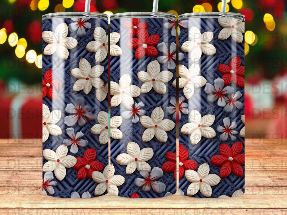 Pattern of red and white flowers on a textured blue background.