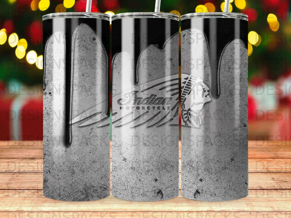 Indian Motorcycle logo dripping black paint on a grey textured tumbler.