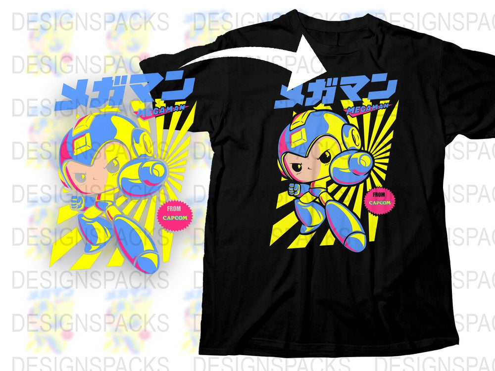 Mega Man Graphic T-Shirt, Vintage Video Game Tee, Capcom Character Shirt, Retro Gamer Apparel, Unisex Cotton Black T-Shirt