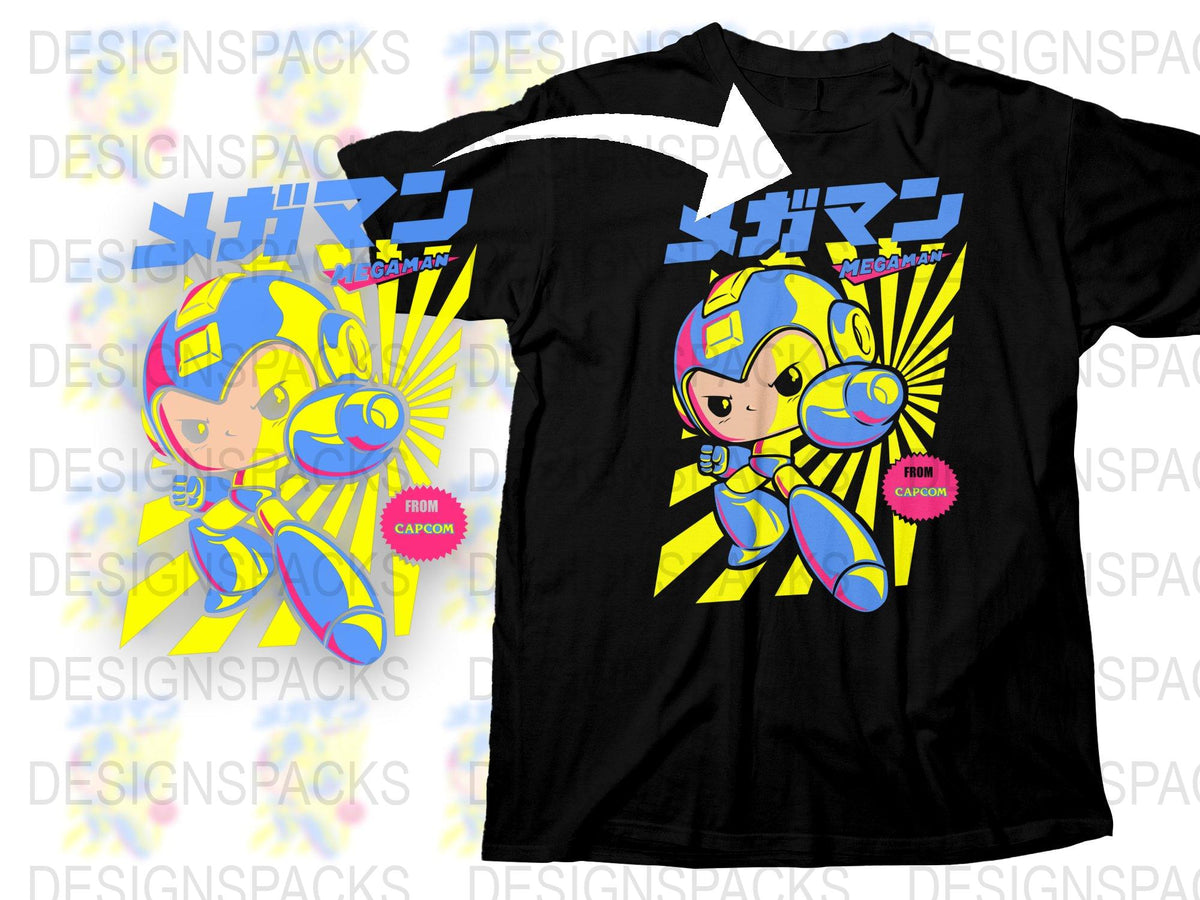 Mega Man Graphic T-Shirt, Vintage Video Game Tee, Capcom Character Shirt, Retro Gamer Apparel, Unisex Cotton Black T-Shirt