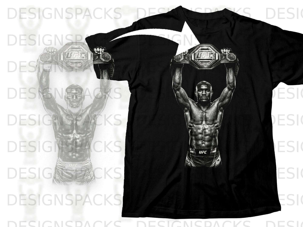 Black t-shirt with a UFC fighter holding up a championship belt.