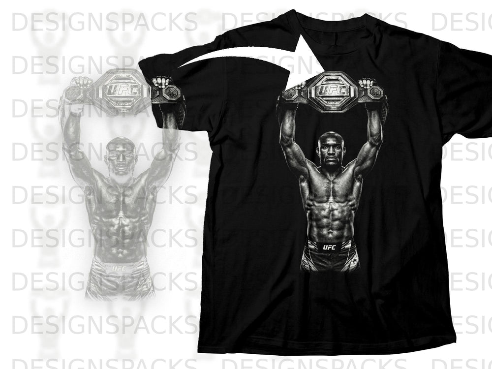 Black t-shirt with a UFC fighter holding up a championship belt.