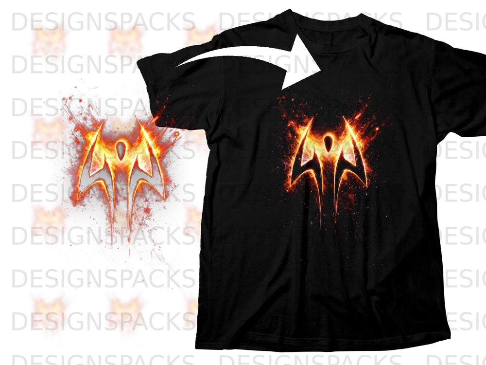 Black t-shirt with a fiery, stylized winged logo graphic on the front.