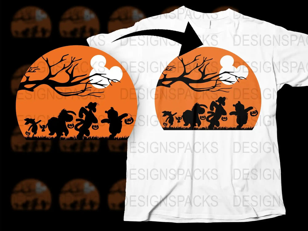 Halloween T-Shirt Orange Full Moon Silhouette Spooky Cats Bats Trees Unisex Graphic Tee