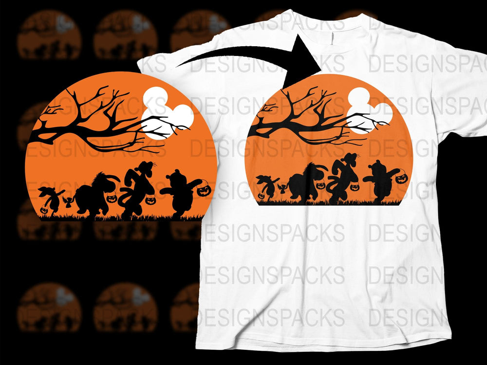 Halloween T-Shirt Orange Full Moon Silhouette Spooky Cats Bats Trees Unisex Graphic Tee