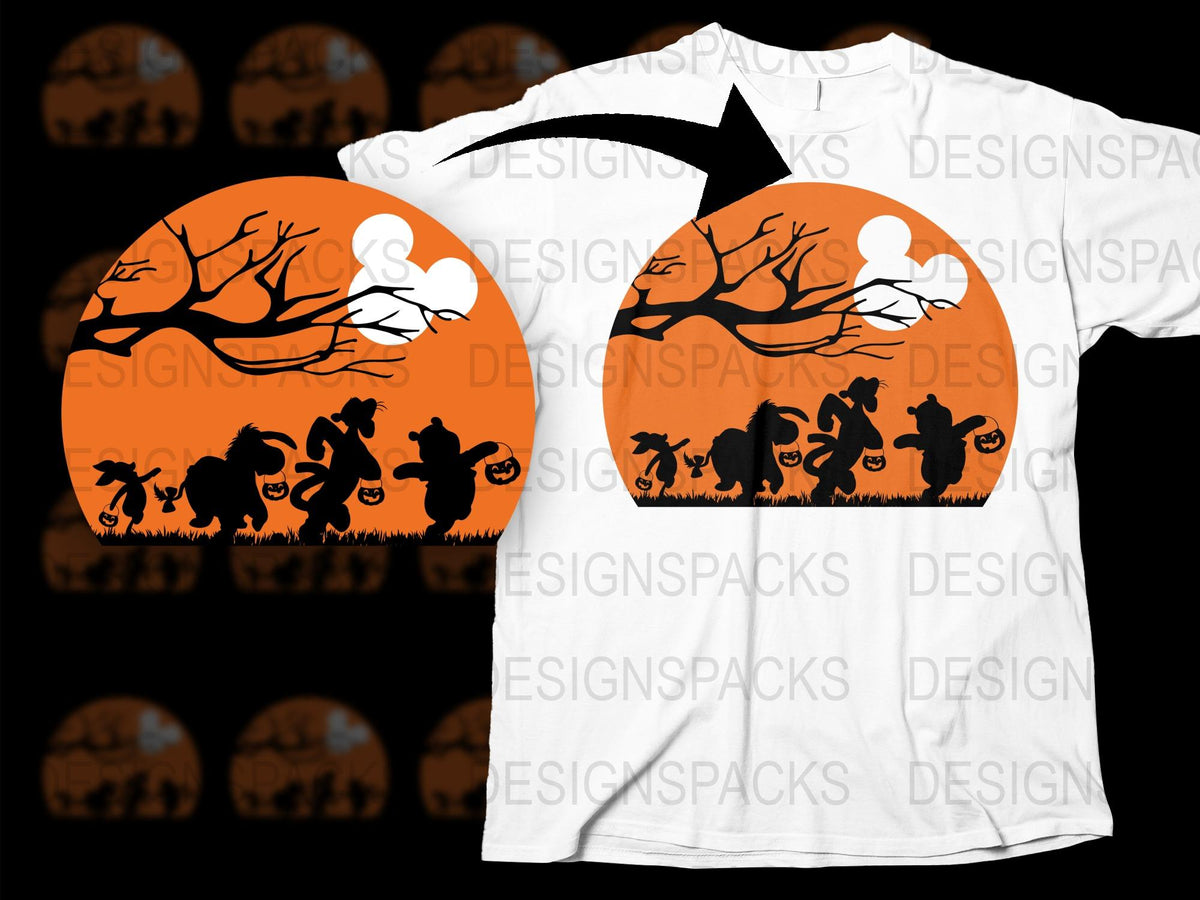 Halloween T-Shirt Orange Full Moon Silhouette Spooky Cats Bats Trees Unisex Graphic Tee