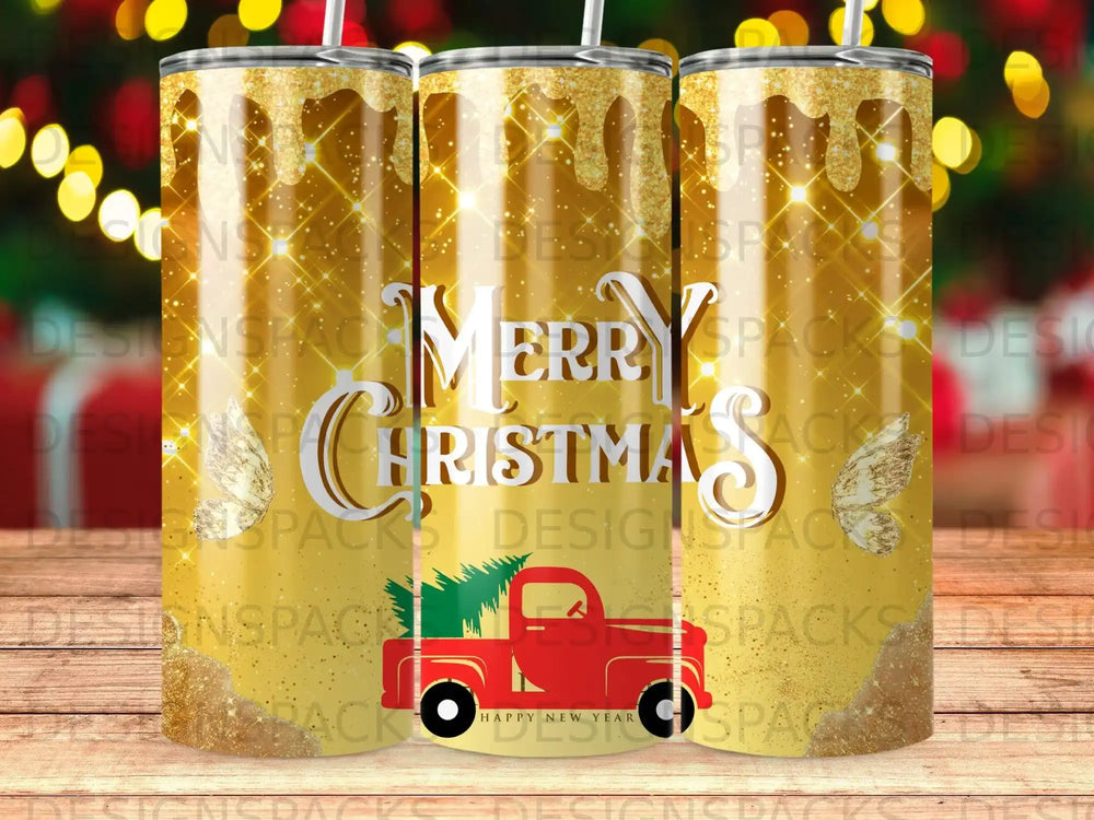 Red truck with Christmas tree, "Merry Christmas Happy New Year" text on glitter background.