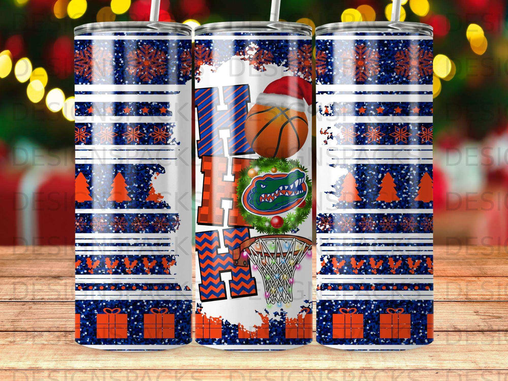 Holiday tumbler with Christmas lights, ornaments, and basketball elements.