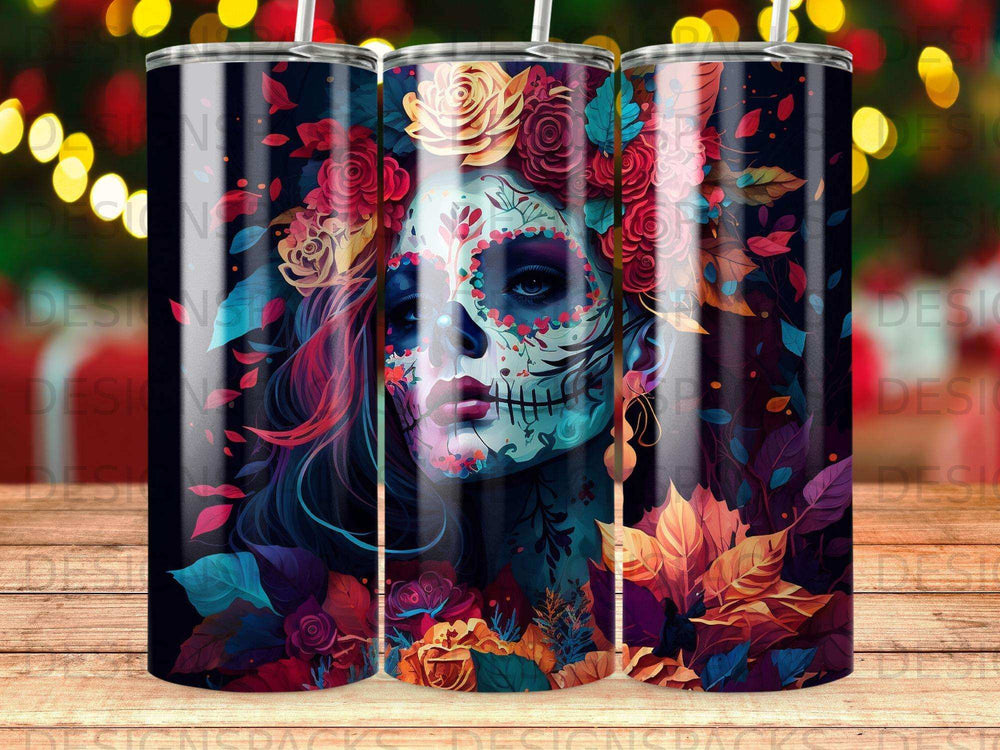 Sugar skull woman with vibrant floral accents on a dark background.