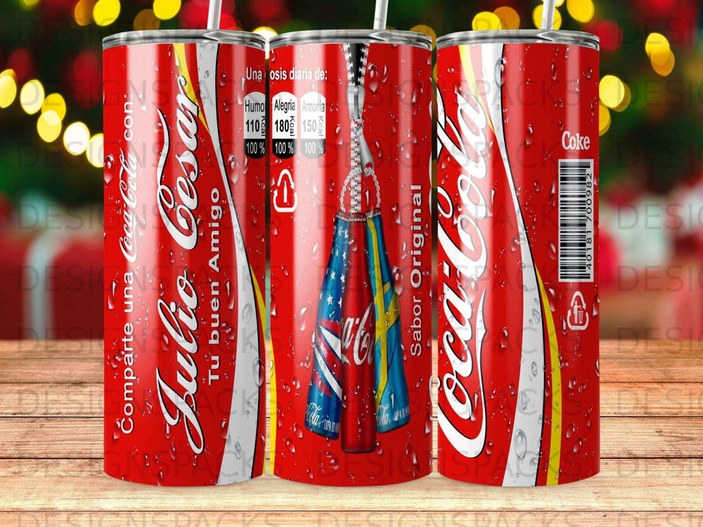 Coca-Cola can with "Julio Cesar Tu buen Amigo" and flag design.