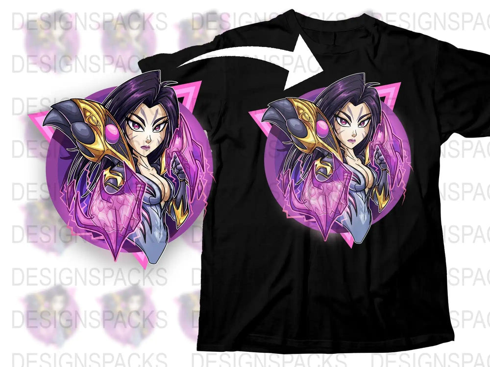 Women's Graphic Tee, Purple and Pink Fantasy Art Character, Stylish Fitted T-Shirt, Unique Illustration Apparel