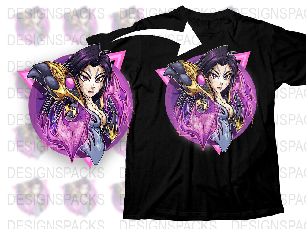 Women's Graphic Tee, Purple and Pink Fantasy Art Character, Stylish Fitted T-Shirt, Unique Illustration Apparel