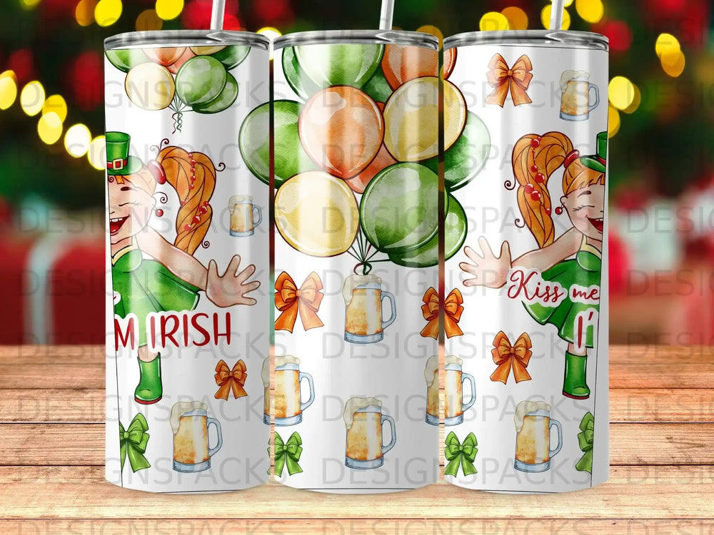 St. Patrick's Day tumbler with green balloons, a woman in green, and "Mirish" text.
