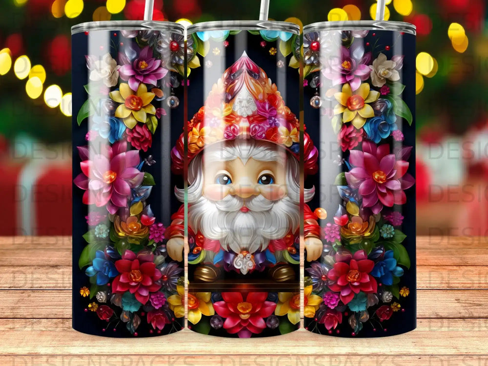 Gnome surrounded by vibrant flowers on a dark background with bokeh lights.