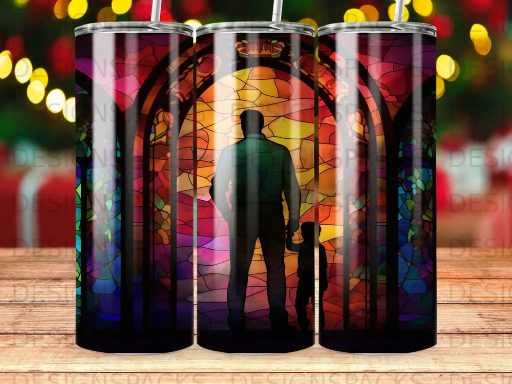 Silhouette of man and child against a vibrant stained glass window.