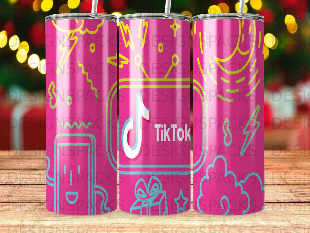 Pink TikTok-themed tumbler with swirling designs and social media icons.