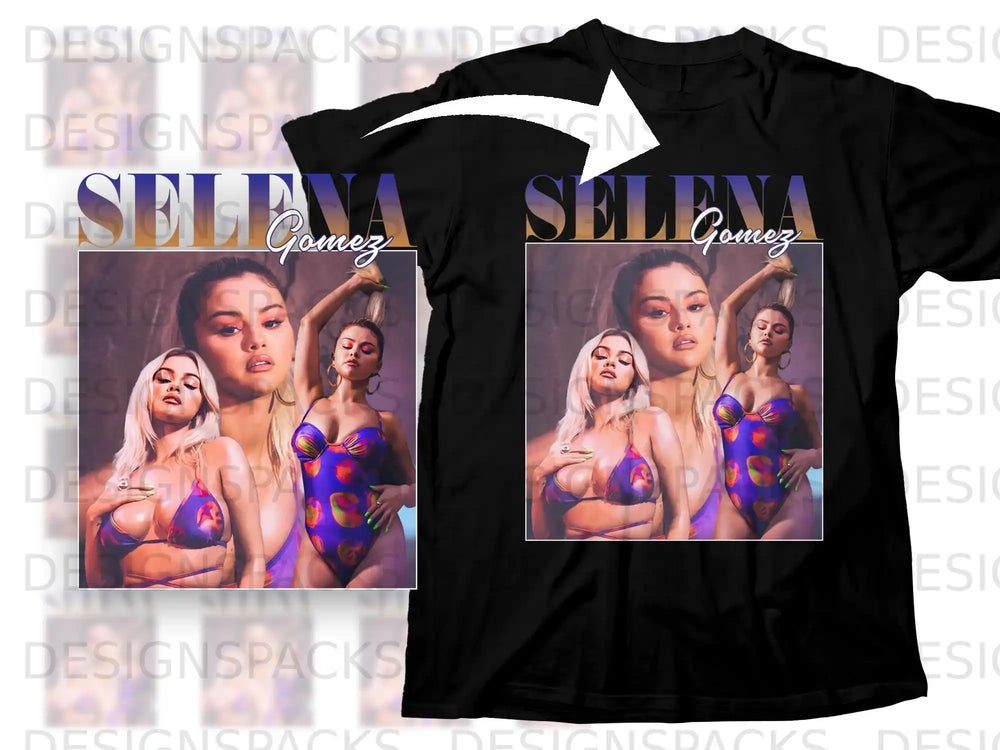 Black t-shirt featuring Selena Gomez in a purple bikini.