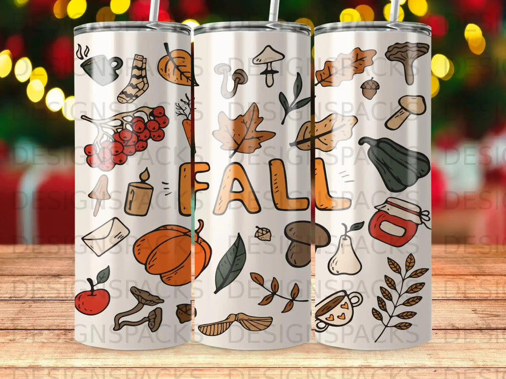 Fall themed tumbler with pumpkins, mushrooms, leaves, and jam jar designs.