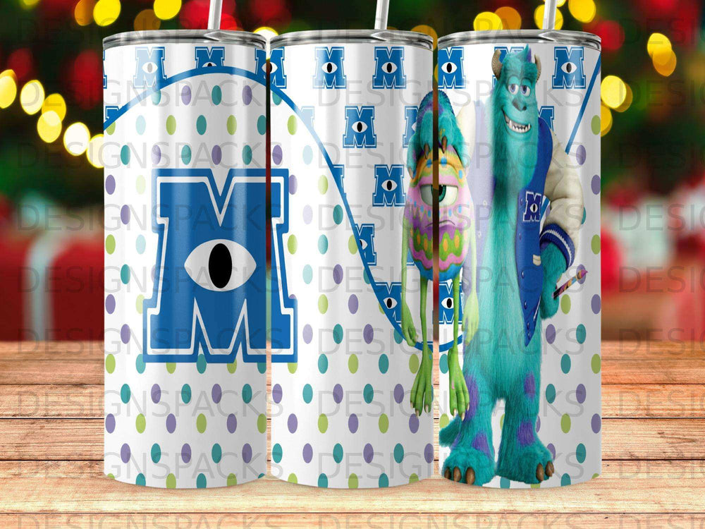 Monsters, Inc. Sulley and Mike Wazowski pattern on a blue and white tumbler.