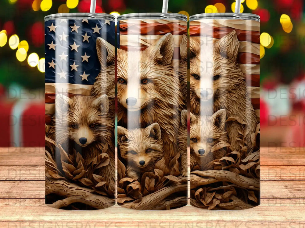 Three tumblers featuring foxes against an American flag background.
