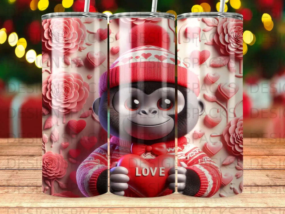 Monkey wearing a Santa hat and sweater, holding a heart with "LOVE" written on it.