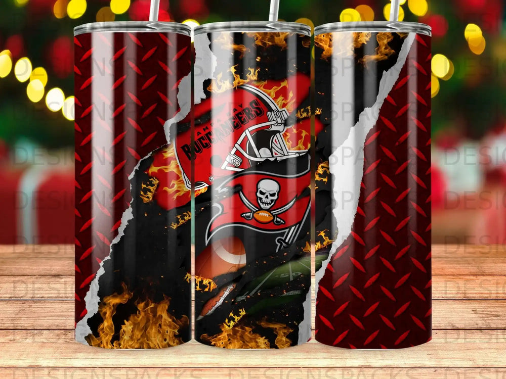 Tampa Bay Buccaneers helmet and logo on a fiery, torn background.