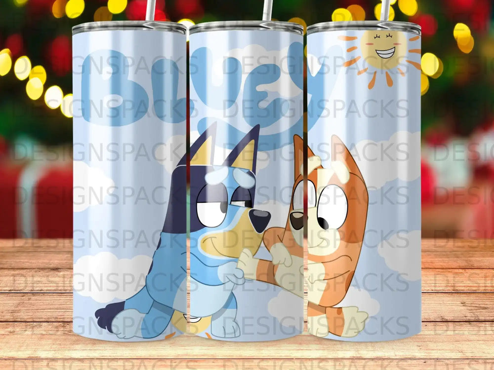 Cartoon blue heeler dog with bandana and orange cat with sunglasses, smiling sun.