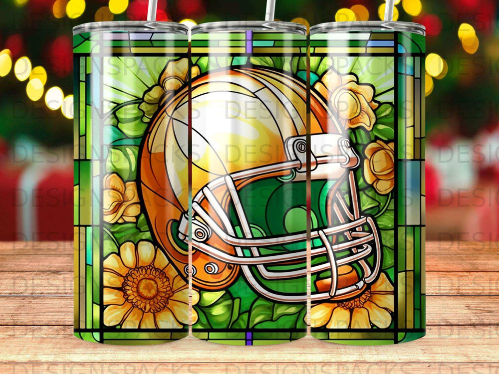 Green and gold football helmet with sunflowers in stained glass style.
