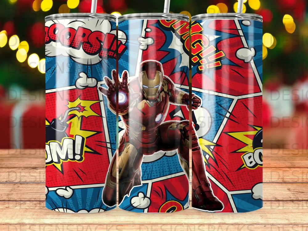 Iron Man in action pose with comic book style background and "POW!" text.