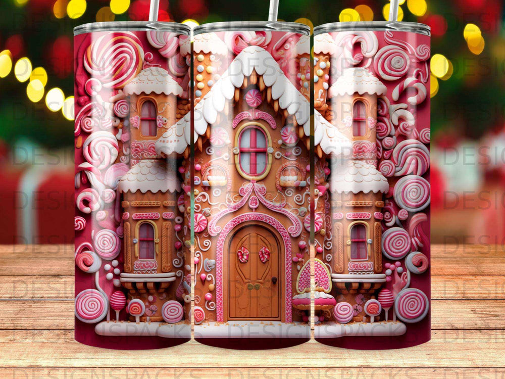 Pink gingerbread house with candy cane trim and colorful candy decorations.
