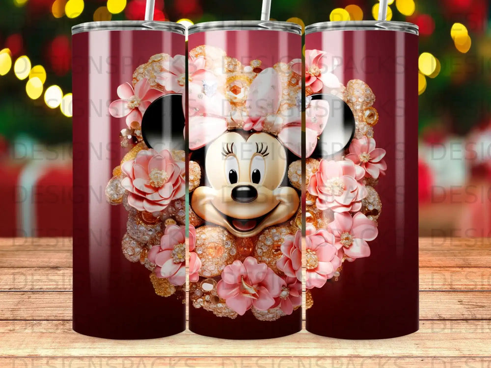 Minnie Mouse surrounded by pink floral embellishments and glitter.
