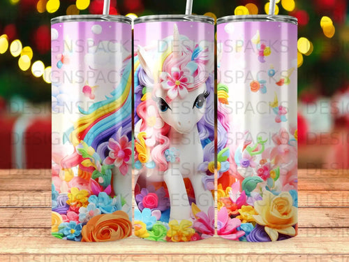 Unicorn with rainbow mane and floral wreath on a purple background.