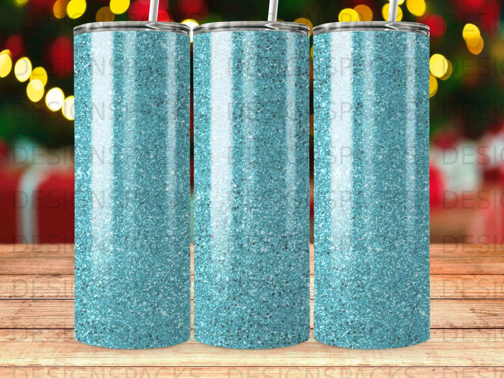 Three teal glitter tumblers with straws standing side-by-side.
