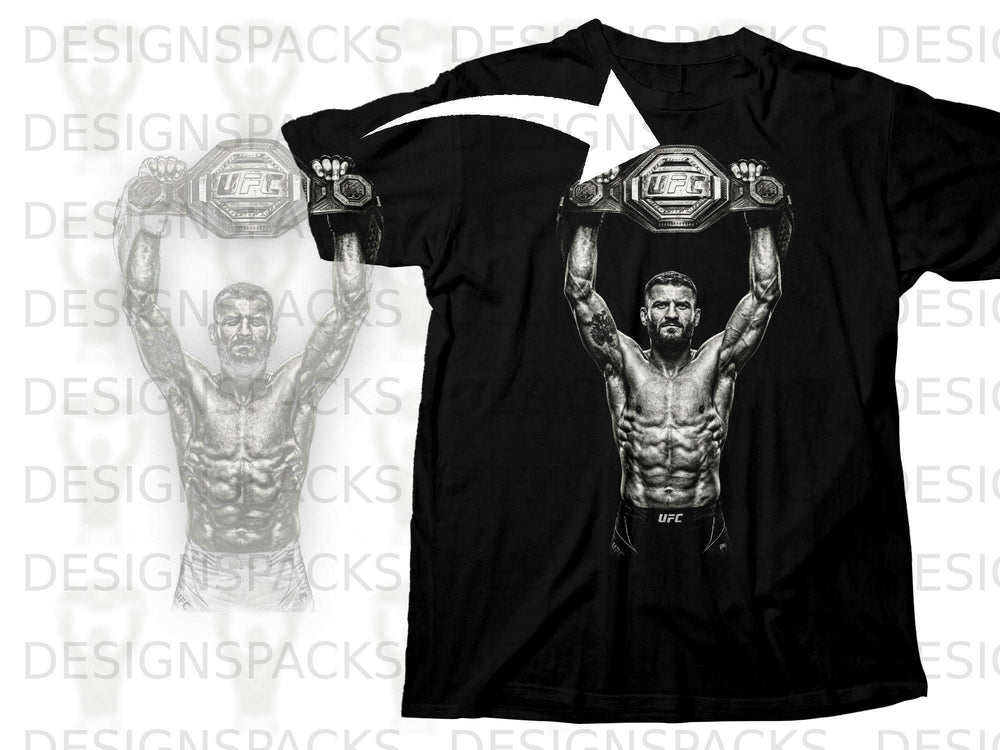 Black t-shirt featuring a UFC fighter holding up a championship belt.