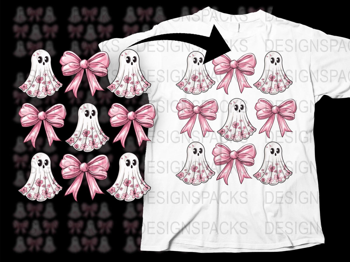Cute Ghost T-Shirt, Pink Bow Ghosts, Halloween Casual Wear, Spooky Funny Graphic Tee, Kids and Adult Sizes Available