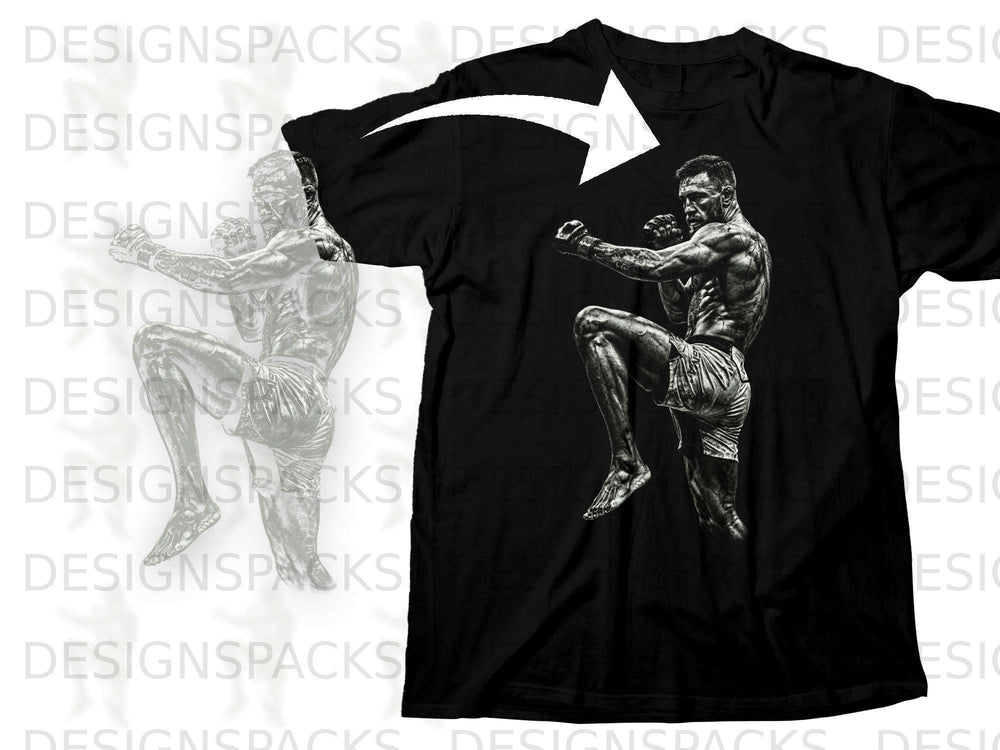 Black t-shirt with a graphic of a fighter in a defensive stance.